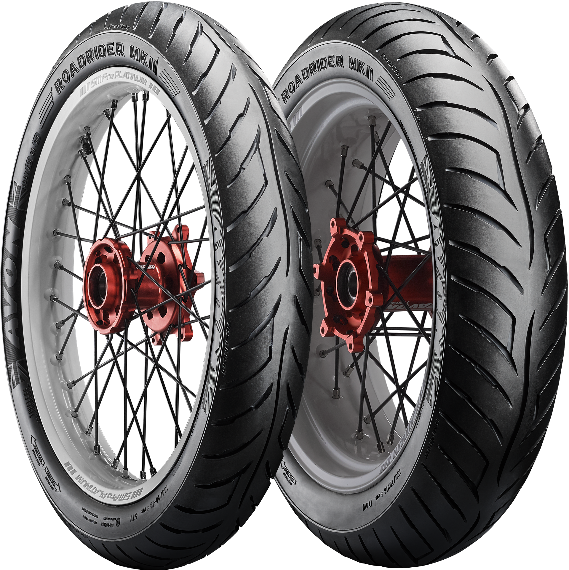 Two Avon Roadrider 2 motorcycle tires, one for the front and one for the rear, displayed side by side.